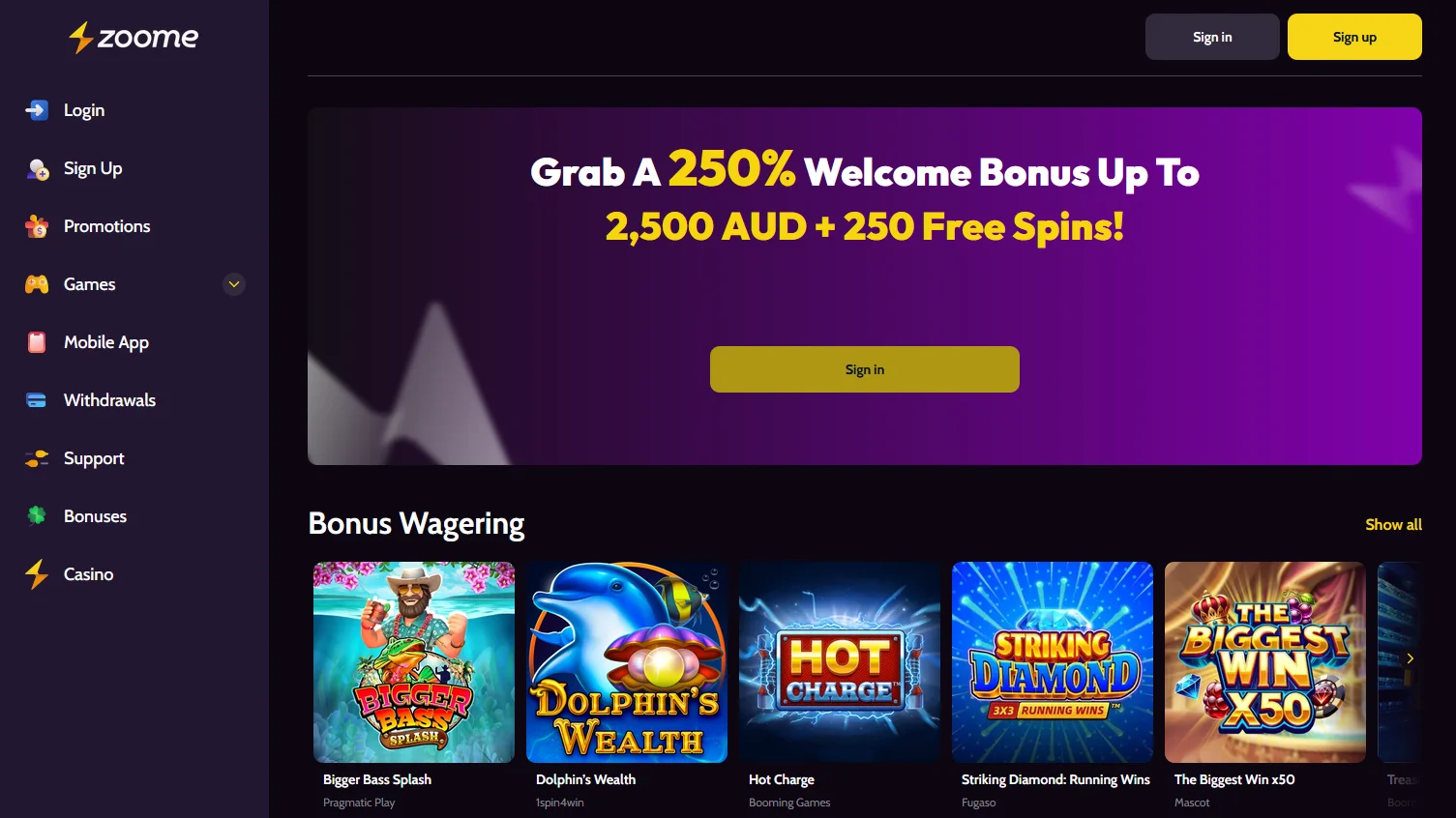 Zoome3 Casino welcome offer with A$1,500 deposit match and 100 free spins